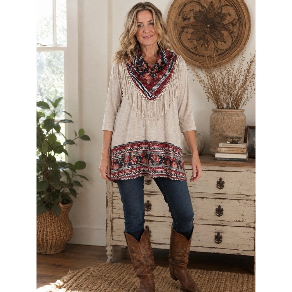 Cactus & Pearl Southwestern Tunic With Attached Scarf Fringe Size XL Boho Floral